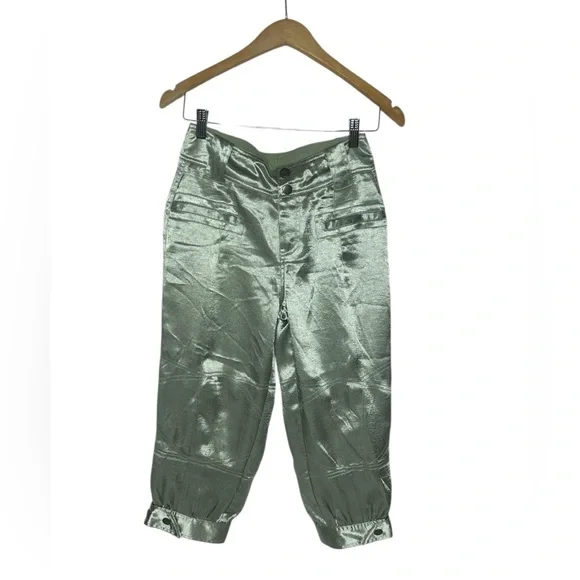 NEW Free People Ryder Pants Metallic Silver Satin Moto Crop Vegan Shiny Green 0 - Picture 4 of 13